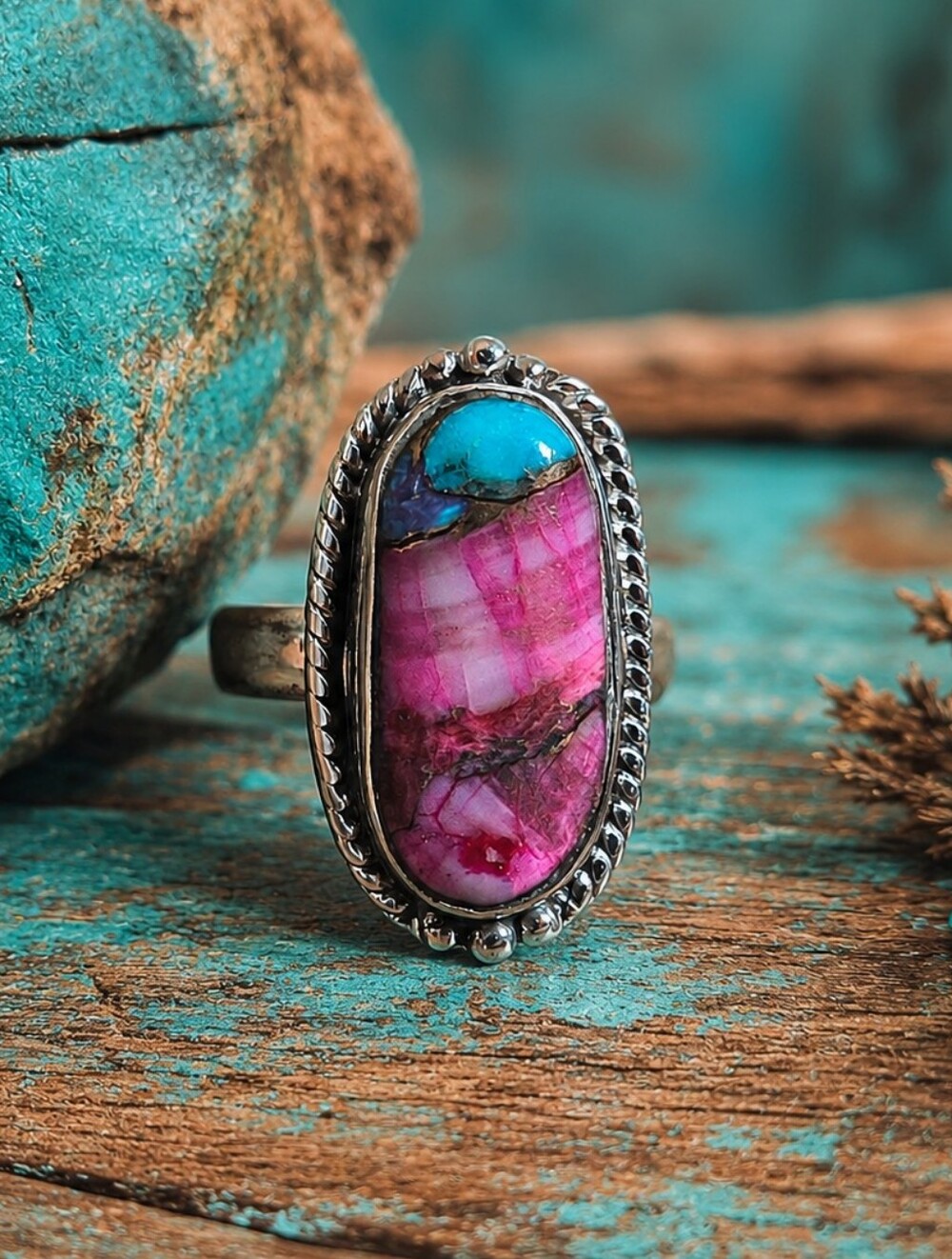 Pink Magenta Turquoise Ring Size 5.5